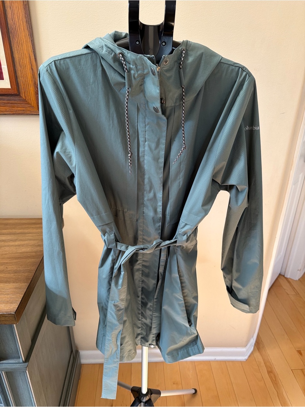 Columbia Belted Hooded Rain Jacket Womens XL Green Lightweight Coat